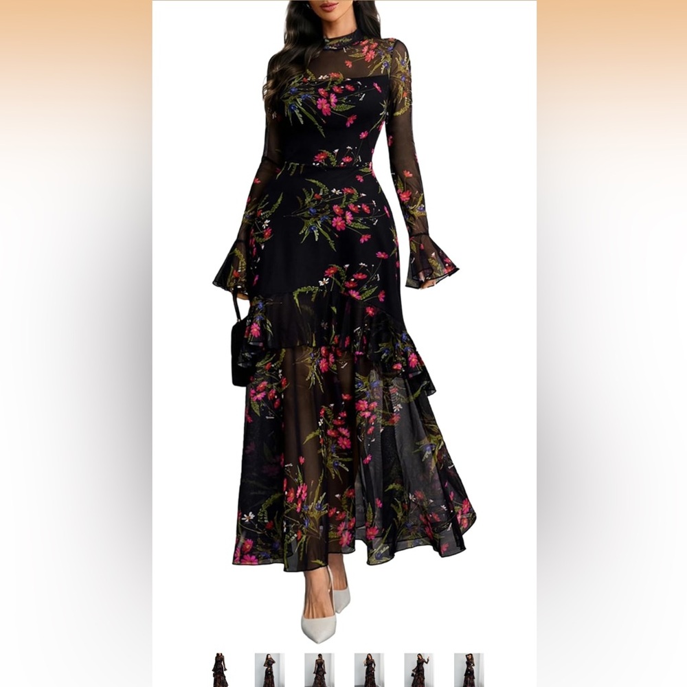 GothDark Women's Floral Mesh Long Sleeve Maxi Dress - Black with Pink Floral xl